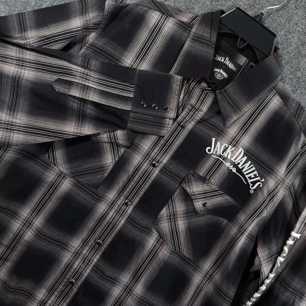 Jack Daniels Shirt Mens Large Black Plaid Long Sleeve Snap Western Casual